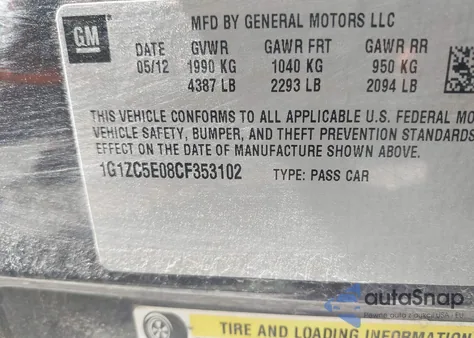 2012 Chevrolet Malibu 1Lt z USA, uszkodzony, nr VIN 1G1ZC5E08CF353102